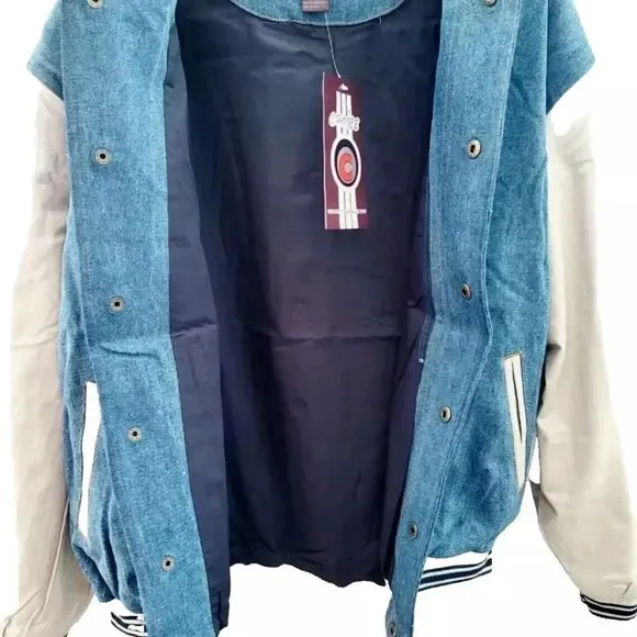 First Choice VTG 1990s Men's Premium Denim Varsity Bomber Jean Jacket Blue NWT - Picture 6 of 16